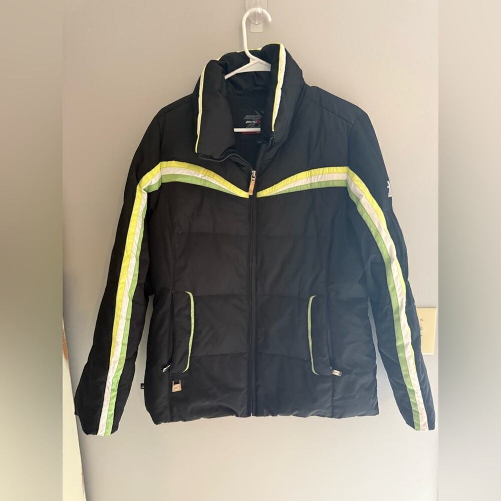ZeroXposur Down Filled Puffer Coat Jacket Woman SZ M Black Green White Trim Warm